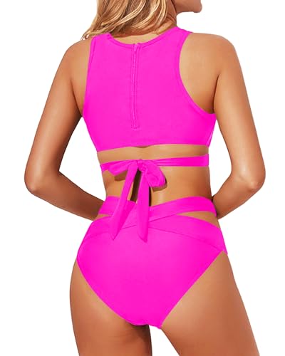Tempt Me Women Two Piece High Neck Bikini Set Cutout Swimsuit Criss Cross Bandage Bathing Suit with Bottom2