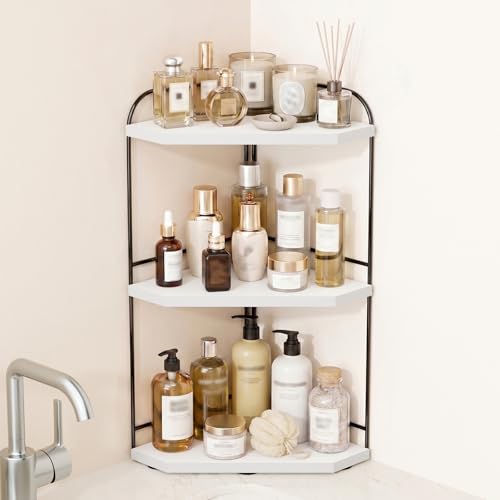 Image of Corner Bathroom Counter Organizer, 3-Tier Wood Countertop Organizer | Skincare Organizers for Vanity, Makeup Storage, Counter Corner Shelf for Kitchen, Bathroom, Dresser, White
