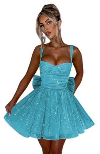 YOFF Sparkly Tulle Homecoming Dresses with Bow Spaghetti Strap Short Summer Prom Dress Sweetheart Cocktail Dress YO213