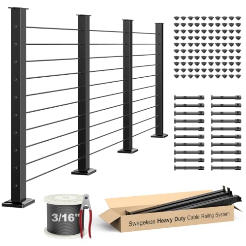 Image of 12FT-20FT 36 inch Black Cable Railing Post Kits with 3 /16 inch Wire Rope | Swageless Cable Railing System Includes 4Pack Drilled Posts, T316 Wire Rope and 3 /16 inch Cable Railing Tensioner Kit for Decks