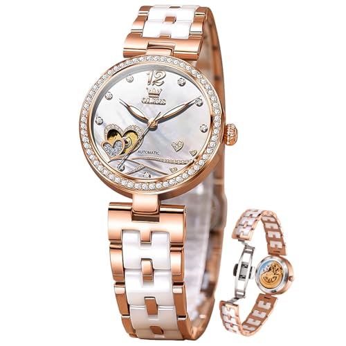 Image of OLEVS Womens Watches Automatic Luxury Dress Ladies Watch Ceramic Strap Rose Gold Self Winding Female Wrist Watch