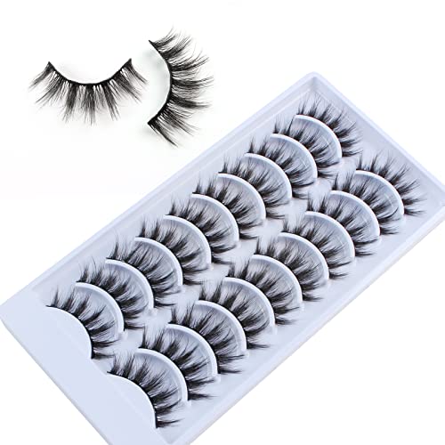 Faux Cil Naturel, 8D Doux Réutilisable Noir Dramatic Fake Lashes Kit 10 Paires Moelleux épais Faits à la Main Dramatique Volume Wispy False Eyelashes Kit Professionnel Maquillage Facile à Porter Cils