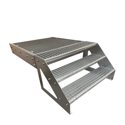Stahltreppe Freistehend 3 Stufen Treppe Höhe 57 cm inklusive Podest 100x100cm mit oder ohne Geländer verzinkt Treppe Wählbar: Links/Rechts oder Front (ohne Geländer Vorne)