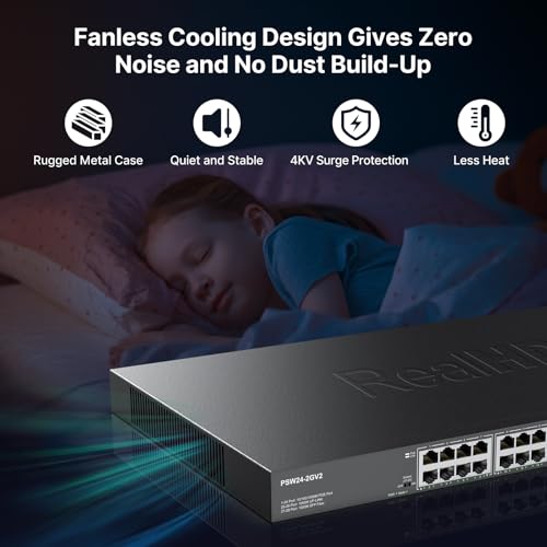 Image of 24 Port Full Gigabit PoE Switch with 2 Uplink Gigabit Port & 2 SFP Port, 24 Port PoE+ Network Switch, Total Budget 400W, 48V Standard POE, 802.3af /at Compliant, Unmanaged Plug and Play, Rack Mount