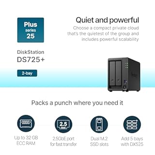 Synology Kit NAS DS725+ à 2 Baies, processeur Ryzen, mémoire 4 Go, utilisateurs Standard 2,5 GbE-NIC, revendeur Domestique autorisé, Field Lake, Support téléphonique, DiskStation