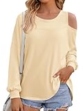 Fisoew Womens Cold Shoulder Tops Casual Long Sleeve Crewneck Basic Loose Fall Fashion T Shirts Khaki