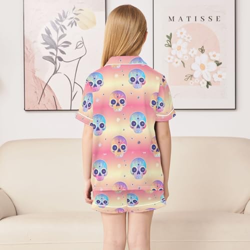 ALAZA Cute Sugar Skull Colorful Pajamas Satin Pajama Set Short Sleeve Button Down Sleepwear4
