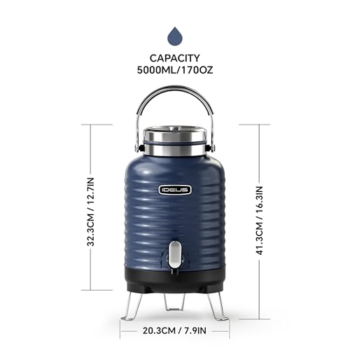 Image of IDEUS Insulated Beverage Dispenser, All-in-one for Camping Vacuum Double-Wall Stainless Steel Water Cooler Coffee Carafe Jug Leakproof Drink Container with Handle, Spigot & Stand (Blue, 1,4gal)