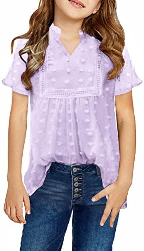 Girls Cute Dot Chiffon Blouses Short Sleeve V Neck Loose Shirts Soft Casual Summer Tops