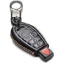 Vitodeco Genuine Leather Smart Key Fob Case Cover Protector with Leather Key Chain Compatible for Dodge Grand Caravan 2008 - 2020 Models - 7-Button, Black