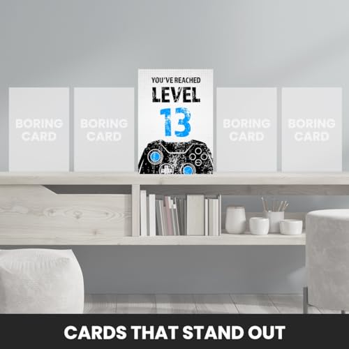 Gamer 13th Birthday Card for Boy - Black & Blue Reached Level 13 Bday Cards for Son, Great Grandson, Nephew or Brother. Gaming Happy Birthday Card