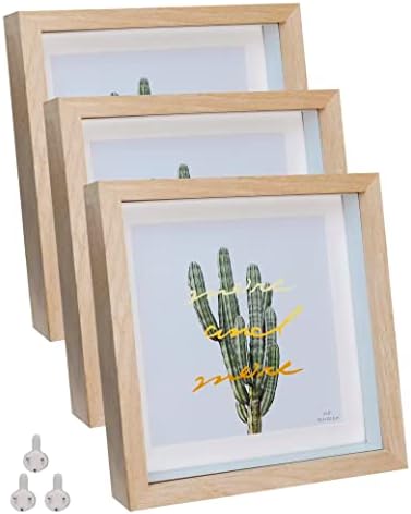 Dohomi 8x8 Shadow Box Frame Natural Wood Picture Frames 3 Pack Photo Frames Glass Surface Internal Depth 0.6 inches for Wall Or Tabletop