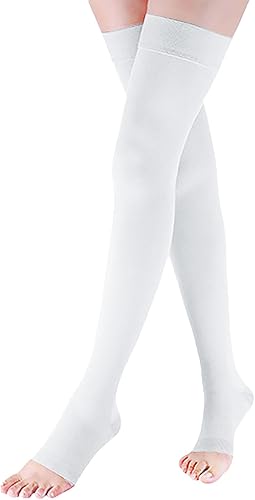 Miniatura 11 de Lin Performance Medias de compresión médica de 15-20 mmHg para mujeres y hombres, calcetines altos con punta abierta para venas varicosas, piernas