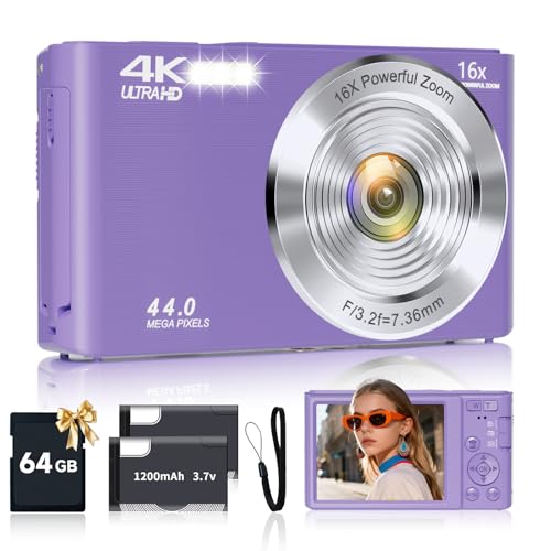 Digital Camera, FHD 4K Digital Camera for Kids Purple with 64GB SD Card 16X Digital Zoom, Cameras for Photography Compact Point and Shoot Camera for Teen Boys Girls Kids Autofocus Camera Digital by SMARTKLIK - Used condition - US$27.29