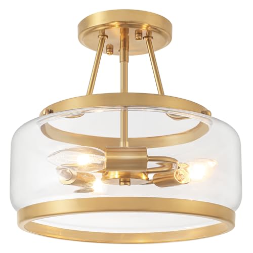 11.81" Brushed Gold Semi Flush Mount Ceiling Light, Modern Glass Drum Light Fixtures, 3-Light Golden Ceiling Lights for Hallway Entryway Bedroom Laundry Room Kitchen Dining Room Bathroom Lighting by LZLDCJ - Used condition - Image 9