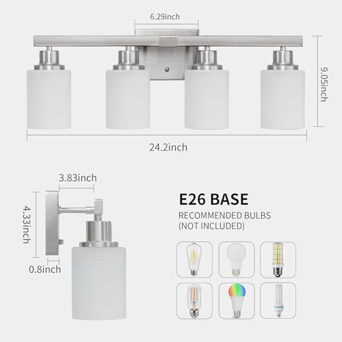 Image of Bathroom Vanity Light 4-Light Nickel Bathroom Light Fixtures 24in | White Frosted Ribbed Glass Shade Wall Lights Bath Vintage Wall Mounted Lamps for Mirror Bedroom E26 Base