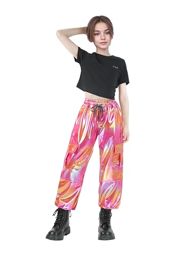Nawgut Sequin Cargo Pants Metallic High Waisted Multi-Pocket Shiny Joggers Hip Hop Dance Pants for Girls3