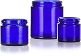 12 piece Cobalt Blue Glass Straight Sided Jar Starter Kit Set: Includes 4 -1 oz Cobalt Glass Jars, 4 -2 oz Cobalt Glass Jars, 4 -4 oz Cobalt Glass Jars + Spatulas and Labels