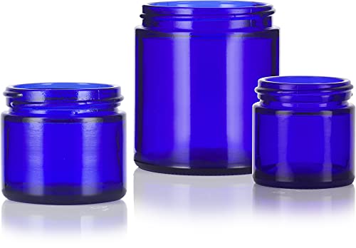 12 Piece Cobalt Blue Glass Straight Sided Round Jar Container Starter Kit Set: Includes 4-1 oz Cobalt Glass Jars, 4-2 oz Cobalt Glass Jars, 4-4 oz Cobalt Glass Jars + Spatulas