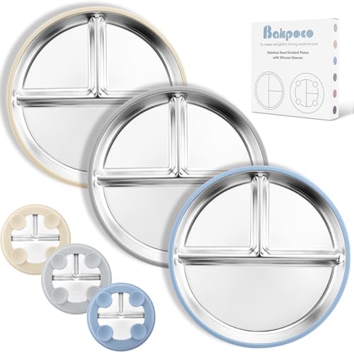 Image of Bakpoco Stainless Steel Suction Plates for Toddlers, 9" Divided Kids Baby Plates with Removable Silicone Suction, Non Toxic Non Slip Portion Control Snack Dishes 3 Packs, Blue Gray Beige