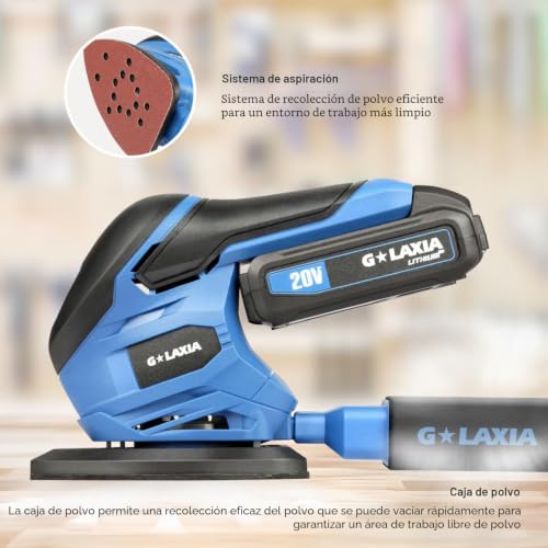 Miniatura 3 de G Laxia Lijadora Madera,20v 12000 Rpm Lijadora Eléctrica Con Batería Li,20 Hojas De Papel De Lija 140 Mm X 94 Mm ,Herramienta De Lijadora Orbital Con Batería Y Cargador