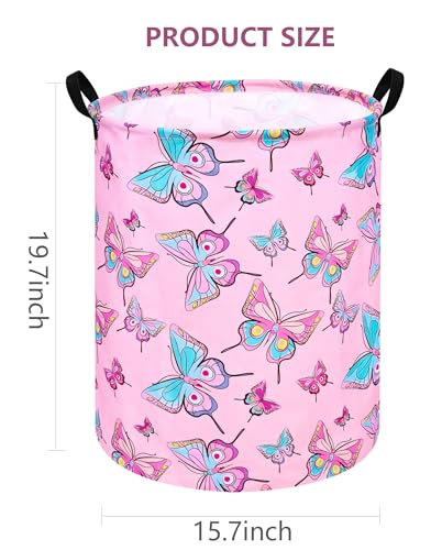 Image of Round Pink Butterfly Laundry Basket Storage Bins Nursery Hamper Gift Baskets for Home,Office,Home Decor