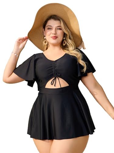 MakeMeChic Women's Plus Size Tankini Set V Neck Ruched Drawstring Tummy Control Cut Out Swim Dress