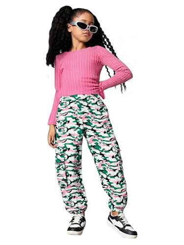 Image of Azmxynol Girls Clothes 2 Piece Outfit Ribbed T-Shirt Top + Cargo Pants, Girls Fall Clothing Set, Sizes 5-16 Years