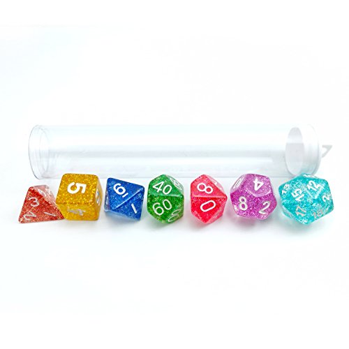 Assorted Colored Colorful Glitter Polyhedral Dice 7pcs Set, Glitter RPG Dice Set d4 d6 d8 d10 d12 d20 d%, Clear Tube Packaging - Thumbnail 2