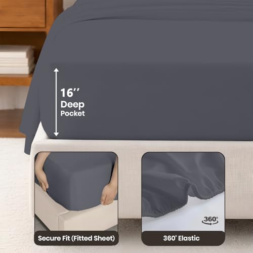 Image of SGI bedding 100% Egyptian Cotton Sheets Full Size - Premium Luxury Hotel Sheet Set, Cooling & Breathable, Ultra Soft, 15 inch Deep Pocket, 4 Piece Bedding Set, Dark Grey