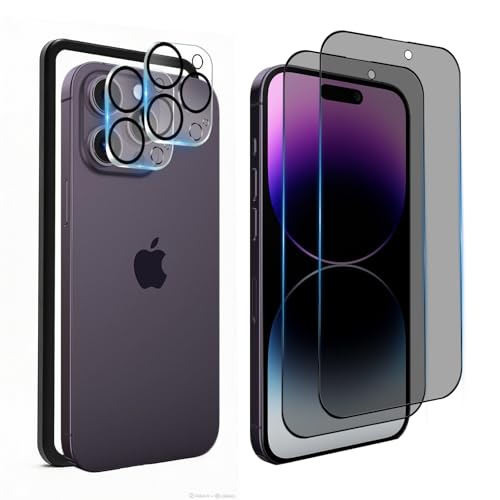 【2枚セット】 iPhone 14 Pro 用 覗き見防止 フィルム 180度 いphone 14 Pro ガラスフィルム のぞき見防止 iPhone 14プロ 用 覗き見防止 180° 強化ガラス アイフォン 14Pro 用 左右 覗き見 保護フィルム 【カメラレンズ保護フィルム付き+ガイド枠付き】の商品画像（Amazon）