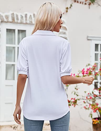 Micoson Womens Short Sleeve Polo Shirts V Neck Collared Tunic Blouses Loose Casual Work Office Tops White L #TOP5