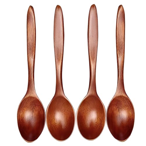 JYNXOR Lot de 4 cuillères en bois naturel faites à la main pour Miel, Dessert, Soupe,à Mélanger et Remuer,pour Chocolat Chaud, Café et Thé cuillères en bois naturel faites à la main(14cm)