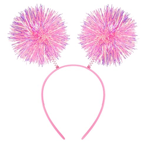 WOVOWOVO Pom Pom Headbands for Women Girls Halloween Fun Foil Strips Tinsel Headband, Pink Fluffy Ball Hairbands Head Bands Headwear Cosplay Costume Hair Accessories Birthday Party Favor