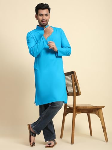 Image of SKAVIJ Men's Cotton Kurta Casual Long Shirt Regular Fit (XX-Large, Turquoise)
