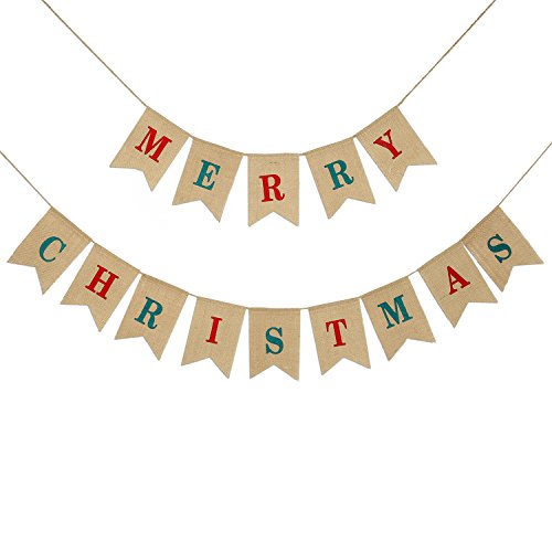Konsait 2 in 1 Merry Christmas Banner Burlap Christmas Party Bunting Banner Garland for Fireplace Picture Outdoor Indoor Decorations,Xmas Home Photo Prop Party Decor Favors Supplies