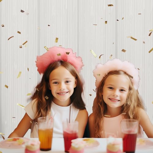Image of DECOCKRAT 3 Pack Foil Fringe Backdrop - White Shiny Tinsel Curtains for Party Decoration /Photo Booth Props - 3.3x8.2 FT Metallic Foil Backdrop for Birthday, Wedding, Graduation, Christmas.