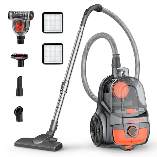 Aspiron Canister Vacuum, Upgraded 1600W Bagless Canister Vacuum Cleaner, Auto Cord Rewind, H13 HEPA Filter, 3.7Qt Large Capacity, 5 Tools for Hard Floors, Carpet, Pet, Upholstery, Tiles, Persimmon
