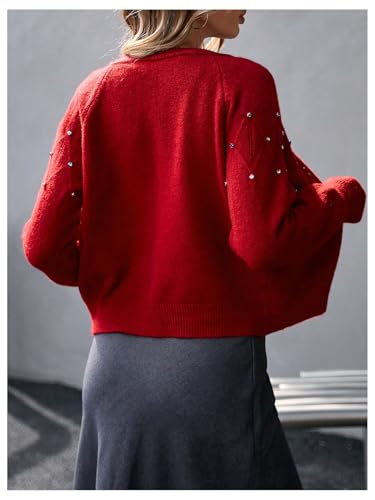 MakeMeChic Women's Rhinestone Button Down Cardigan Long Sleeve Crew Neck Sweater Tops2