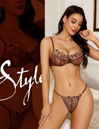 Image of Lingerie Sexy Bra and Panty Set for Women See Through Sheer Underwear Cute Exotic Floral Embroidery Babydoll Set