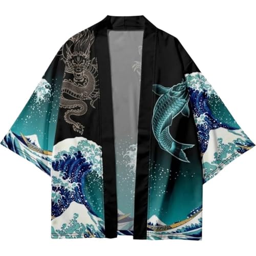 Men's Kimono Cardigan Japanese Kimono, Wave Carp Print Pattern Traditional Japan Clothing Yukata Japan Haori Cardigan Beach Clothing