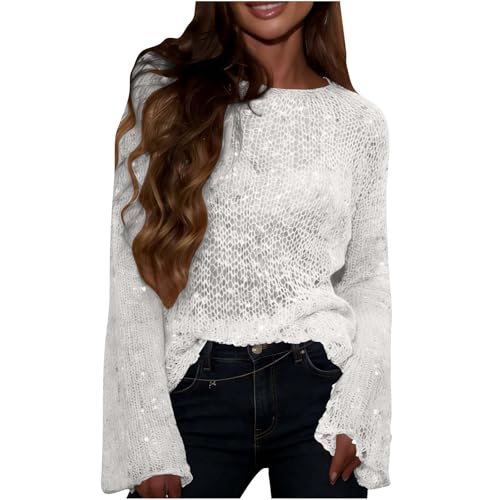 White Crochet Tops for Women UK Sparkly Sequin Top Long Sleeve T Shirts Beach Coverups Batwing Top Bikini Cover Up Crochet Hollow Out Knitted for Party Going Out Holiday Swim Beachwear