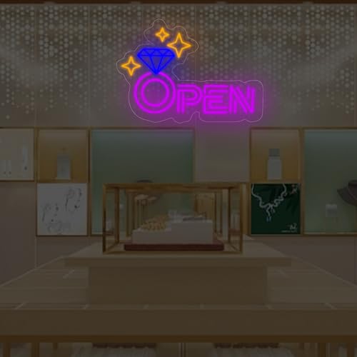 Image of Diamond Open Indoor Neon Sign For Jewelry Store Business Open LED Light | USB Powered Dimmable Diamond Storefront Wall Art Diamond & Sparkle Stars Wall Decoration, 16.5 inchx11 inch, Purple