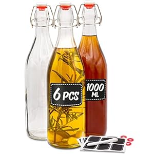 Praknu 6 glazen flessen met beugelsluiting, 1000 ml, 6 extra afdichtingen, 12 etiketten met pen