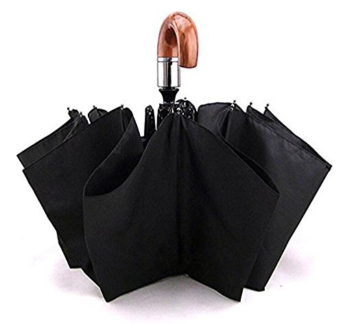 Compact Unisex Classic Auto Open Wind-Resistant Travel Umbrella Folding Anti-Uv Outdoor Business Umbrella-Automatic -Curved Wood Handle Umbrella-Black #TOP1
