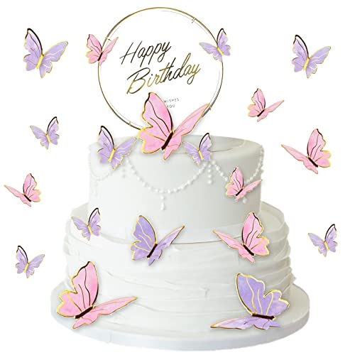 YMJD 61PCS Decoration Gateau Anniversaire, Papillon Décoration Gâteau 3D Papillon Gâteau Topper Décorations Papillon Cupcake Toppers Papillon Mur...