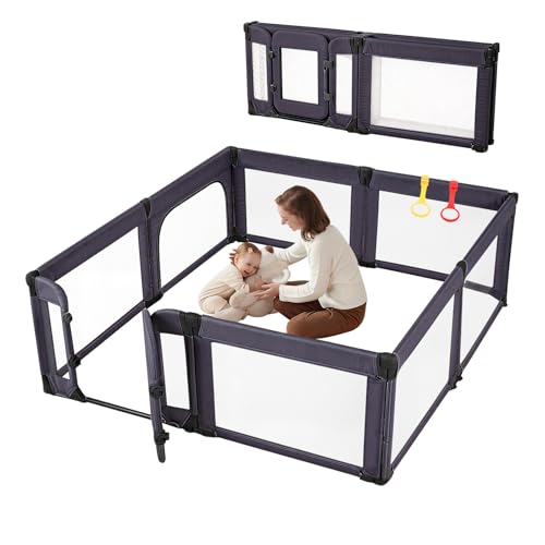 Image of Large Baby Playpen for Babies and Toddlers 79x71 Inch, Adjustable Foldable Indoor & Outdoor Play Pen for Toddlers Twins Baby Fence Play Yards with Breathable Mesh Anti-Fall Playpen,Dark Grey