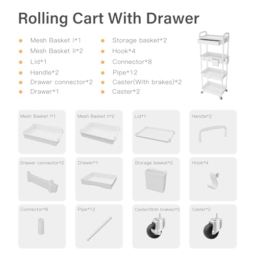 Image of 4 Tier Rolling Utility Cart with Drawer,REBECAT Utility Cart Made of Multifunctional Storage Organizer Tool for Kitchen,Bathroom,Living Room,Office(Gray)
