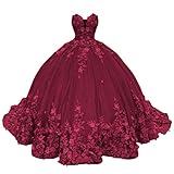 Zhangyo Long Puffy Burgundy Quinceanera Dresses for Sweet 16 Strapless Lace Ball Gowns with Train Princess Tulle Sweetheart Prom Dresses for Women 4