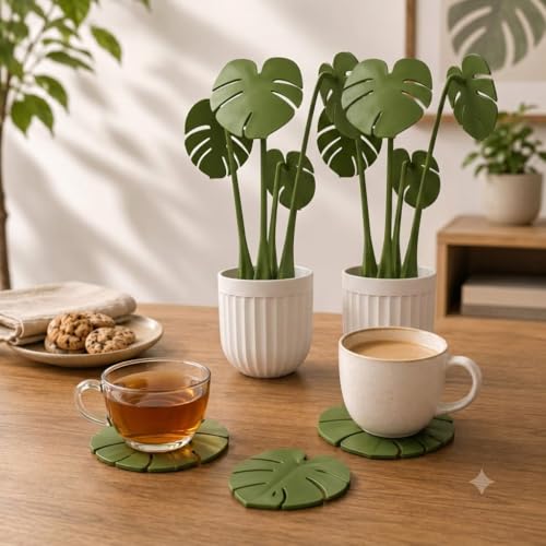 Image of SR Premium Monstera Leaf Coaster Set with Pot | Artificial Plants with Pot | Home decore | Multi-Purpose Heat Resistant Coasters & Table Trivets for Personal /Office /Home /Restaurant (1)